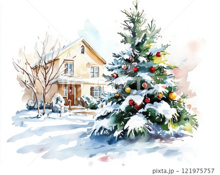 Snow-covered Christmas tree decorated with ornaments in front of a cozy winter house scene. 121975757