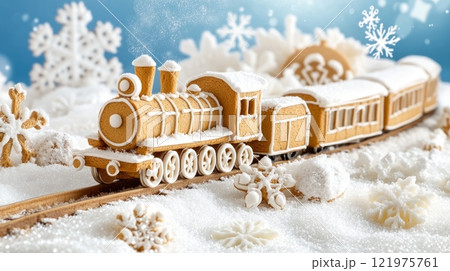 Gingerbread train with icing details surrounded by Christmas cookies and festive decorations 121975761
