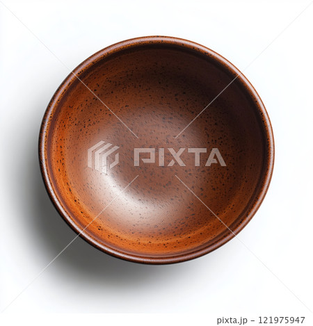Elegant brown ceramic bowl with smooth finish displayed on white background 121975947