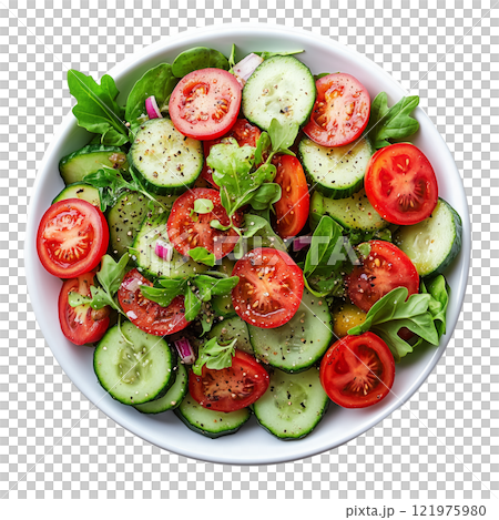 Fresh cucumber and tomato salad with arugula and onions served in a white bowl 121975980