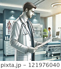 患者のカルテを見る若い医者 121976040
