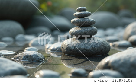 Stacked stones create a peaceful focal point on wet rocks near a calm water surface in a natural setting 121976105