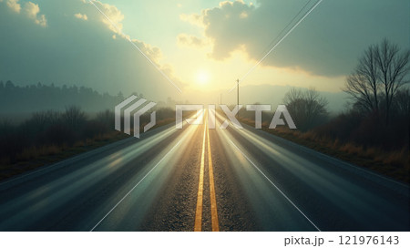 Sunrise illuminating a long, empty road surrounded by nature with gentle mist and soft clouds in the early morning 121976143