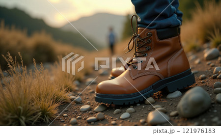 Hiking boots on a rocky path during sunset in a mountain landscape Hiking boots on a rocky path during sunset in a mountain landscape 121976183