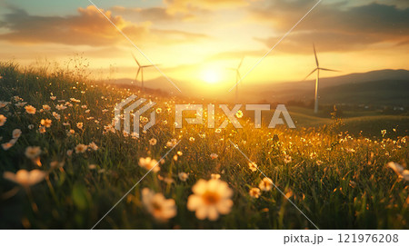 Field of colorful flowers with windmills in the background under a clear blue sky 121976208