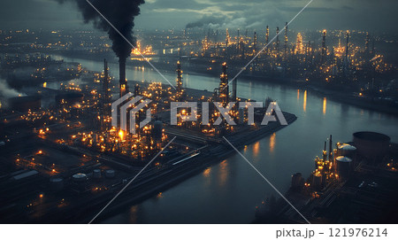 Large industrial plant with smokestacks and storage tanks in a manufacturing facility 121976214