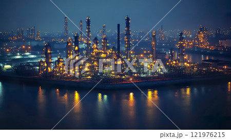 Large industrial refinery with smoke stacks and storage tanks under a clear blue sky 121976215