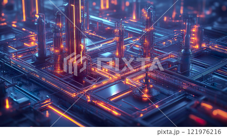 Futuristic cityscape featuring numerous interconnected pipes and advanced infrastructure 121976216