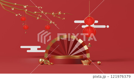 3D render, Display Podium with Chinese new year celebration background with red lanterns, gold fan, and festive ornaments. 121976379