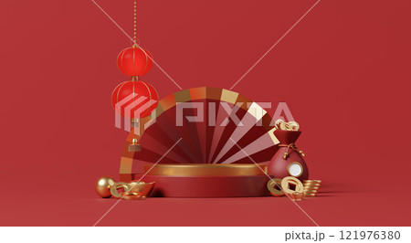 3D render, Chinese new year scene with display podium for showing product, red lanterns, gold coins, and festive fan backdrop 3D render, Chinese new year scene with display podium for showing product, red lanterns, gold coins, and festive fan backdrop 121976380