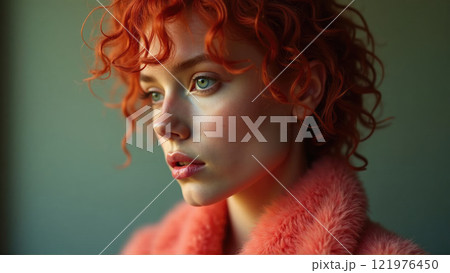 Portrait of a young woman with vibrant curly red hair in a soft pink coat against a neutral background 121976450