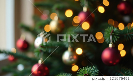 Decorative Christmas tree adorned with red and gold ornaments and twinkling lights in cozy interior setting Decorative Christmas tree adorned with red and gold ornaments and twinkling lights in cozy interior setting 121976491