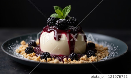 Delicious dessert with berries and sauce served on a dark plate 121976731