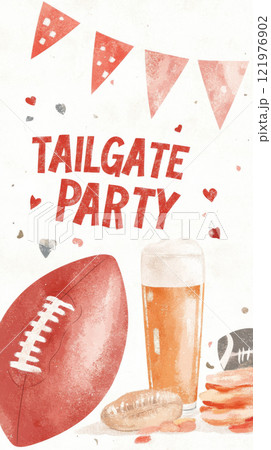 Tailgate party background with football, snacks, and beer with text Tailgate party 121976902