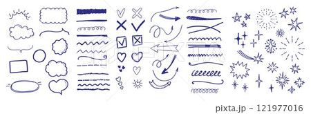 Set of hand-drawn doodle-style frames featuring strikethroughs, crosses, check marks, hearts 121977016