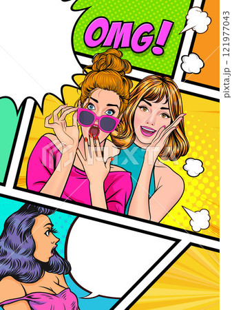Woman whispering gossip secret to her friend surprise In Retro Vintage Pop Art Comic Style 121977043