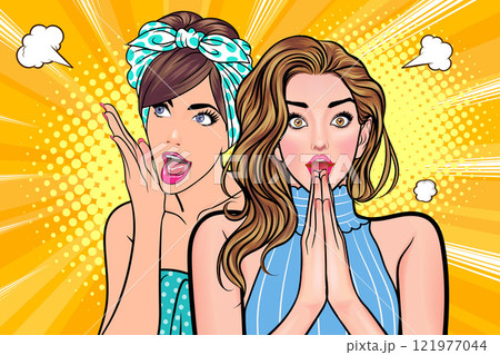 Woman whispering gossip secret to her friend surprise In Retro Vintage Pop Art Comic Style 121977044