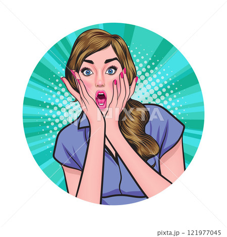 Avatar of woman or business person in various poses, circle background, pop art comics style 121977045