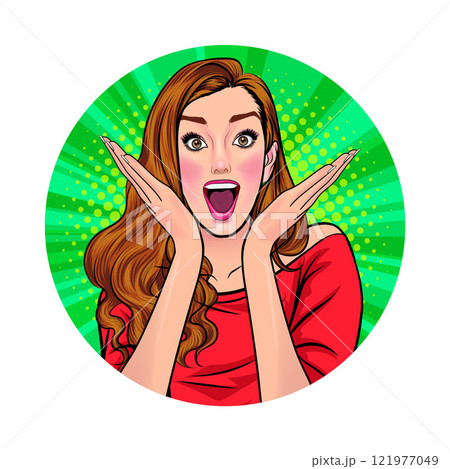 Avatar of woman or business person in various poses, circle background, pop art comics style 121977049