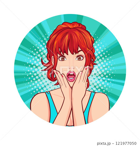 Avatar of woman or business person in various poses, circle background, pop art comics style 121977050