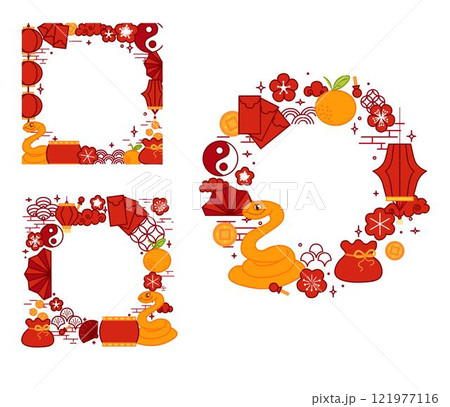 Chinese New year of snake vector graphic line round circle frame set. style banner frame scroll board decoration on transparent background Chinese New year of snake vector graphic line round circle frame set. style banner frame scroll board decoration on transparent background 121977116