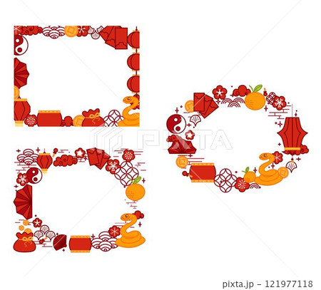 Set of frames Chinese New Year or Lantern Festival of snake greeting card template oval  lanterns and plum elements. Vector graphic line illustration 121977118