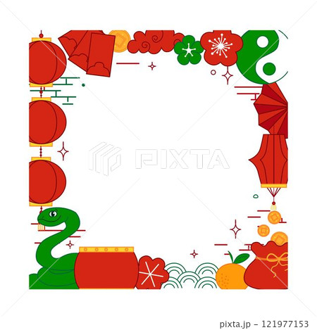 Chinese new year of snake vector graphic line square frame, New Year background material. Green snake, transparent background 121977153