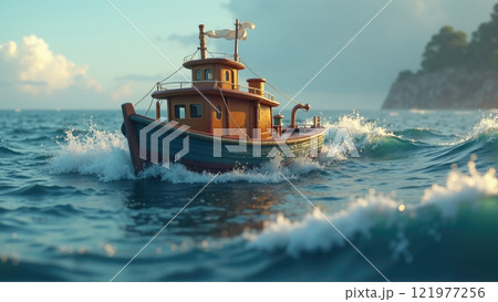 Small fishing boat navigating through waves near rocky shoreline at sunset 121977256