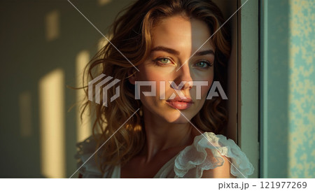 Woman stands by window with sunlight casting soft shadows on her face in a serene indoor setting 121977269