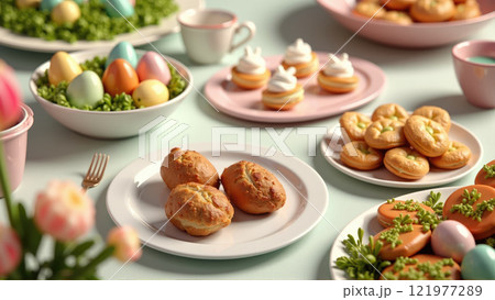 Colorful dessert spread featuring festive treats and decorations for a spring celebration Colorful dessert spread featuring festive treats and decorations for a spring celebration 121977289