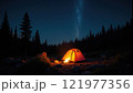Peaceful camping experience under starlit sky near dense forest in late evening 121977356
