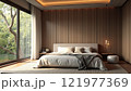 Elegant modern bedroom design featuring large windows and natural light in a serene setting 121977369