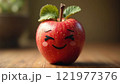 Smiling apple with leaves resting on a wooden surface illuminated by soft light 121977376