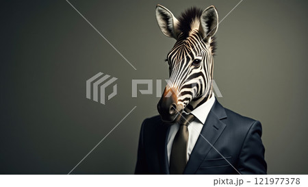 Unique representation of a zebra in a suit showcasing a blend of nature and professionalism in a studio setting Unique representation of a zebra in a suit showcasing a blend of nature and professionalism in a studio setting 121977378
