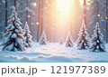 Winter forest landscape with snow-covered trees and warm sunlight streaming through 121977389