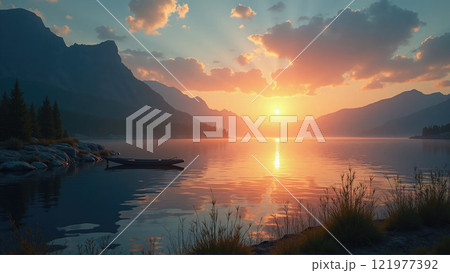 Sunset reflecting over a tranquil lake surrounded by mountains and trees Sunset reflecting over a tranquil lake surrounded by mountains and trees 121977392