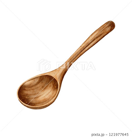 Wooden Russian traditional spoon on white. Watercolor illustration for labels, packaging, menus, decoration of compositions for holidays and festivals. 121977645