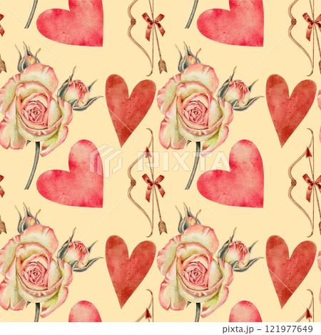 Red and pink hearts, roses, bow and arrow with little bow seamless pattern on yellow. For fabric, textiles, packaging and cards for Valentine's Day, Women's Day and Mother's Day. 121977649