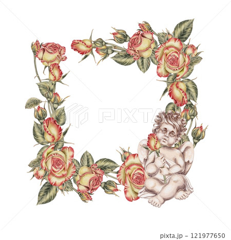 Yellow and pink roses and buds and green leaves with Cupid frame. Watercolor illustration for cards, invitations, holidays Spring, birthday, Valentine's Day, wedding or Mother's Day. 121977650