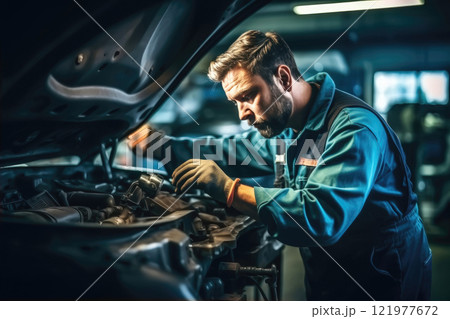 Expert Car Mechanic at Work in Professional Service Center 121977672