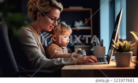 Modern Motherhood: Young Woman Working with Child in Arms 121977681
