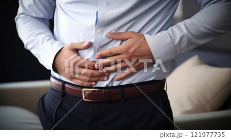 Pretending Pain: Representative Man Holds Stomach Gesture 121977735