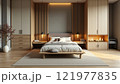 Modern minimalist bedroom design featuring natural wood elements and warm lighting in a spacious setting 121977835