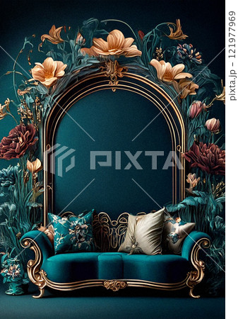 花と金縁、ソファのある背景 121977969