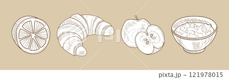 Breakfast and Morning Food Hand Drawn Product Vector Set 121978015