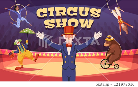 Arena performance poster. Circus show invitation, entertainers, acrobats, clown and bear on bike, entertaining tricks, advertising banner design cartoon flat isolated tidy vector concept 121978016