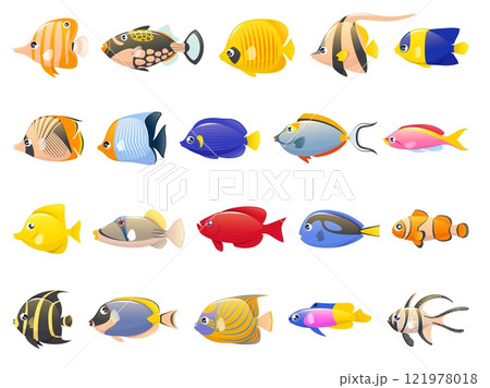 Cartoon exotic fish. Tropical underwater wildlife, bright fish, different colors, marine life, aquarium patterned animals, Caribbean sea fauna, coral reef wildlife goldfish, vector isolated set 121978018