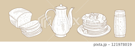 Breakfast and Morning Food Hand Drawn Product Vector Set 121978019