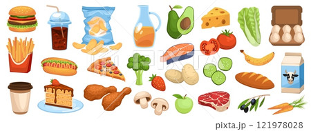 Healthy and junk food. Fast, fried, fatty, carbohydrates, natural organic nutrition, proteins, fruits, vegetables and fish, different meal choice, cartoon flat isolated tidy vector set Healthy and junk food. Fast, fried, fatty, carbohydrates, natural organic nutrition, proteins, fruits, vegetables and fish, different meal choice, cartoon flat isolated tidy vector set 121978028