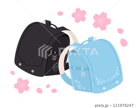 水色と黒のランドセルと桜のイラスト素材 水色と黒のランドセルと桜のイラスト素材 121978247